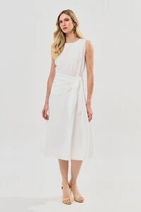 Vestido Midi Regata de Textrua Listrada Cintura Faixa Franzida