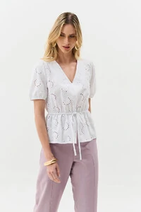 Blusa de Laise de Algodão Manga Bufante Elástico Decote V Cintura Elástico Laço