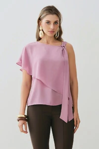 Blusa Assimétrica Dupla Transpassada Um Ombro Só Laço