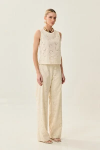 Conjunto de Laise de Algodão de Blusa regata Crop e Calça Reta