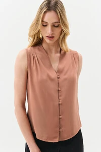 Camisa Regata Decote V Ombro Pregas Double Mini Botões Forrados