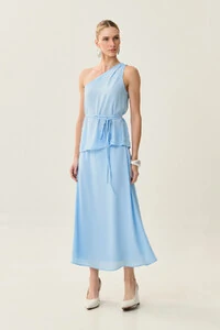 Conjunto de Blusa Regata Assimétrica Um Ombro Só Prega Cinto e Saia Midi