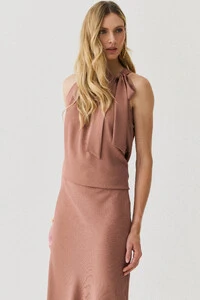 Conjunto de Blusa Regata Frente Única Laço e Saia Midi Evasê