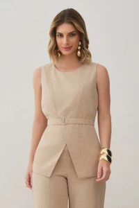 Conjunto de Colete Transpassado Cinto Gold e Calça Pantalona Slim