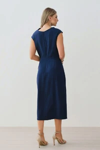 Vestido Midi Regata Transpassado Gola Drapeada Laço Lateral Drapeada