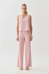 Conjunto de Blusa Regata Decote V Lateral Mini Botões Triple e Calça Reta