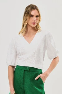 Blusa Manga Elástico Decote V Recortes