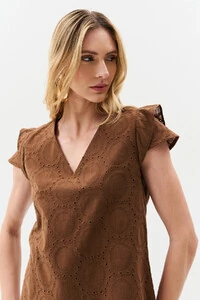 Blusa de Laise de Algodão Manga Tulipa Decote V