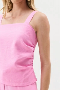 Conjunto de Alfaiataria Blusa de Alça Crop Assimétrica Lateral Franzida e Calça Reta Botão Forrado