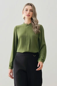 Blusa Manga Longa Punho Gola Baixa Mini Botão Forrado Pregas