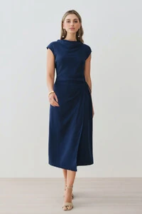 Vestido Midi Regata Transpassado Gola Drapeada Laço Lateral Drapeada