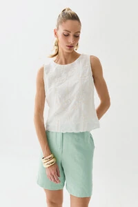 Regata de Algodão Bordado Folhagem Barrada