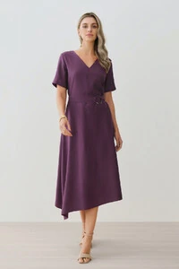 Vestido Midi Evasê Assimétrico Decote V Cinto Gold