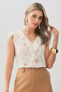 Regata Floral Decote V Ombro Babados