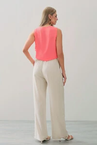 Calça Reta de Linho Prega Laço Lateral