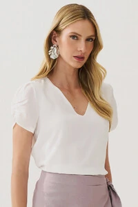 Blusa Manga Franzida Elástico Decote V