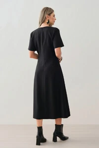 Vestido Midi de Alfaiataria Assimétrico Transpassado Pregas Gold