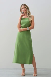 Vestido Midi Regata de Linho Decote Quadrado Fendas Laterais Cinto Fivela