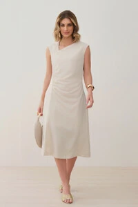 Vestido Midi Regata Decote Assimétrico Franzidos