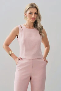 Conjunto de Blusa Regata Crop Ombro Cut Out Recorte e Calça Reta Botão Forrado
