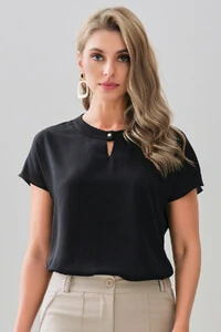 Blusa Manga Morcego Decote Redondo Pala Vazado Botão Gold