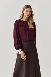 Blusa Assimétrica de Chiffon Yoryu Manga Longa Raglan Ampla Elástico Decote Franzido