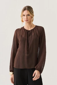 Blusa de Chiffon Yoryu Manga Longa Decote Gota Laço