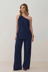 Conjunto de Blusa Regata Dupla Assimétrica Um Ombro Só Gold e Calça Pantalona Elástico