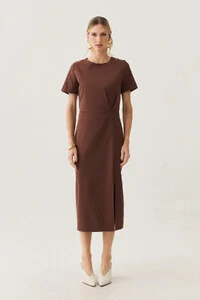 Vestido Midi Assimétrico Cintura Prega