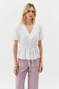 Blusa de Laise de Algodão Manga Bufante Elástico Decote V Cintura Elástico Laço