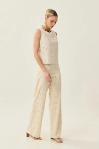 Conjunto de Laise de Algodão de Blusa regata Crop e Calça Reta