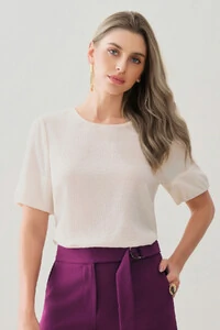 Blusa de Textura Listrada Manga Balonê