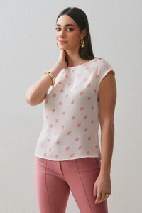 Blusa Assimétrica Poa Sobreposta Lateral Direita Franzida