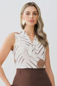 Regata Abstrata Gola Baixa Laço Decote V Ombro Prega