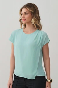 Blusa Dupla Assimétrica Transpassada Manga Morcego Ombro Esquerdo Pregas Triple