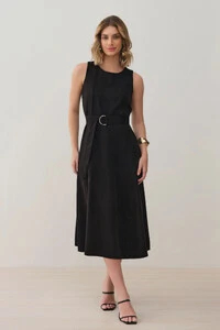 Vestido Midi Evasê Regata de Alfaiataria Recortes Cinto Fivela Gold