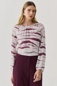 Blusa Zebra Abstrata Manga Longa Raglan Decote Franzido