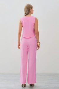 Conjunto de Alfaiataria de Blusa Regata Crop Recorte Calça Reta Aba Botões Forrados Double