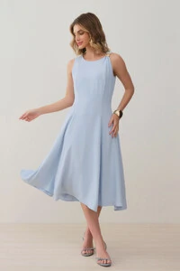 Vestido Midi Evasê Regata Assimétrico Pregas Ombro Esquerdo Gold
