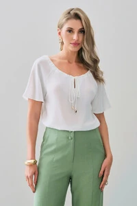 Blusa Manga Raglan Decote Canoa Laço Puxante Ponteira Gold