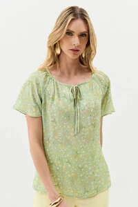 Blusa Floral Manga Raglan Decote Laço