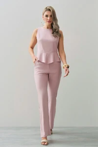 Conjunto de Linho de Blusa Regata Barra Recorte Prega e Calça Reta Botão Forrado