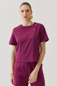 Conjunto de Alfaiataria de Blusa Crop Assimétrica Ombro Esquerdo Prega Gold Double e Calça Reta