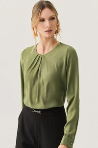 Blusa Manga Longa Punho Decote Pregas