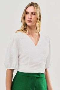 Blusa Manga Elástico Decote V Recortes