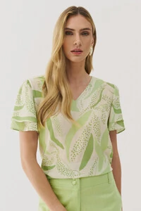 Blusa Folhagem Manga Dupla Decote V