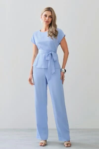 Conjunto de Blusa Manga Morcego Cinto e Calça Reta