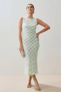 Vestido Midi Regata Xadrez Lateral Franzida