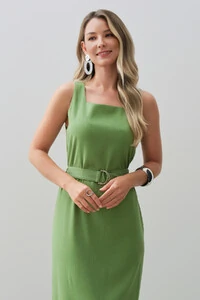 Vestido Midi Regata de Linho Decote Quadrado Fendas Laterais Cinto Fivela
