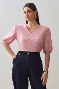 Blusa Manga Elástico Decote V Recortes